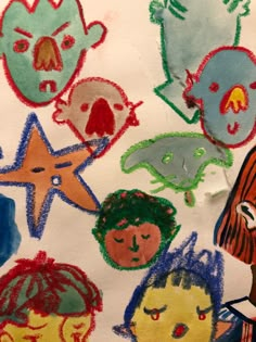 children's drawings are drawn on paper with colored crayons