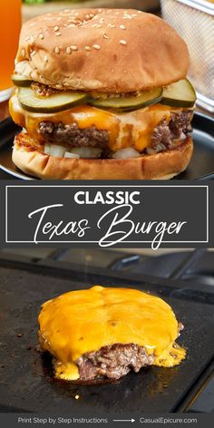 a cheeseburger with pickles on it and the words classic texas burger written below