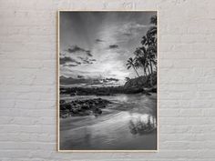 a black and white photo hanging on a brick wall next to the ocean with palm trees