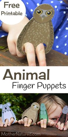 an animal finger puppet is being held up by a child's hand, with the text free printable