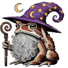 a frog wearing a witches hat and holding a wand with stars on it's head