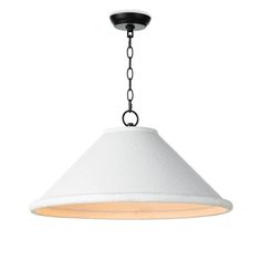 a white light hanging from a ceiling fixture with chain around the neck and bottom part