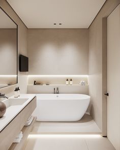 a large white bath tub sitting next to a sink in a bathroom under a mirror