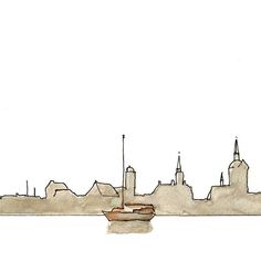 a drawing of a city skyline with boats in the water