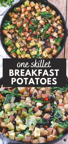 easy potato skillet breakfast vegan with spinach, black beans, and peppers