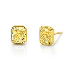 Discover unparalleled elegance with our Fancy Yellow Radiant Cut Diamond Studs, set in luxurious 18k yellow gold. These exquisite earrings feature captivating yellow diamonds meticulously certified for their exceptional quality. Each radiant-cut diamond exudes brilliance and sophistication, perfectly complemented by the warmth of the yellow gold setting. Luxury Yellow Earrings For Pierced Ears, Canary Yellow Diamonds, Yellow Diamonds, Radiant Cut Diamond, Gold Diamond Earrings, Yellow Gold Setting, Fancy Diamonds, Radiant Cut, All That Glitters