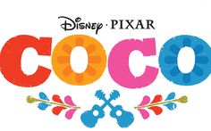 the disney pixar logo is shown in colorful letters with flowers and leaves on them