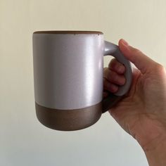 a hand holding a white and brown coffee cup