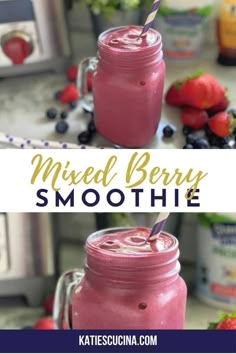 mixed berry smoothie in a mason jar with strawberries and blueberries on the side