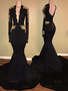 Black Mermaid Prom Dress, Black And Gold Dress, Gold Applique, Simple Prom Dress, V Neck Prom Dresses, Black Mermaid, Satin Evening Dresses, Long Sleeve Evening Dresses, Black Prom Dress