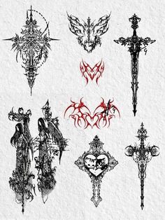 an assortment of different types of tattoos on white paper with black ink and red ink