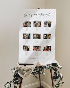 a wedding seating chart with photos and greenery on the back of an easel