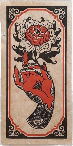 an image of a flower in a vase on a piece of paper with black and red designs