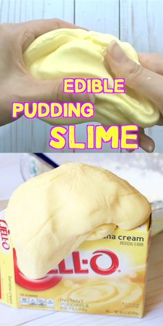 a person holding a box of pudding slime next to an image of a loaf of bread