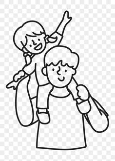 a black and white line drawing of a woman holding a child on her shoulders, with the