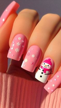 Shorter Nails Designs, Short Pink Holiday Nails, Pink Snowman Nails, Pink Nails For Kids, Kids Christmas Nail Designs, Hot Pink Christmas Nails, Pink Christmas Nail Designs, Kids Nail Designs, Nail Trend