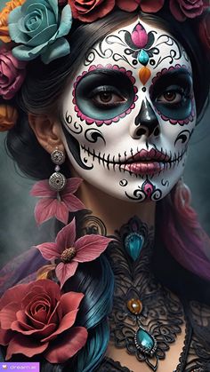 Makijaż Sugar Skull, Candy Skull Makeup, Mexican Makeup, Catrina Costume, Sugar Skull Face Paint, Halloween Makeup Witch, Halloween Makeup Sugar Skull, Mexican Halloween, Skull Face Paint