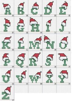 cross stitch alphabet with santa's hats and letters in red, white and green