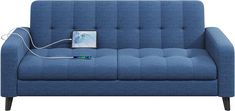 a blue couch with an electronic device hooked up to it