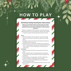 christmas family food game instructions with holly branches and candy canes on green background, text reads how to play