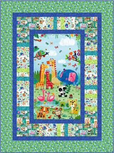 a quilted wall hanging with an animal theme on the front and bottom half of it