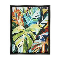 an abstract painting with colorful leaves in black frame on the wall above it is a white background