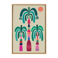 an art print with palm trees and bottles in front of a sunlit sky on a beige background