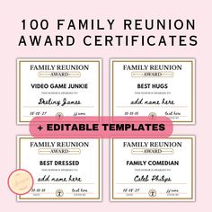 the family reunion award certificate is shown in four different colors and font, along with an additional