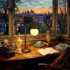 a painting of a desk with a lamp and books on it in front of a window