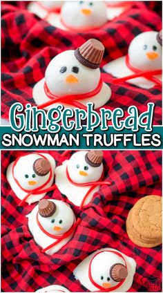 gingerbread snowman truffles are decorated with white frosting and red plaid fabric