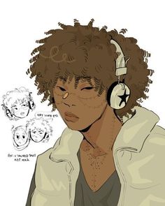 a drawing of a person with headphones on their ears and an earphone in front of them