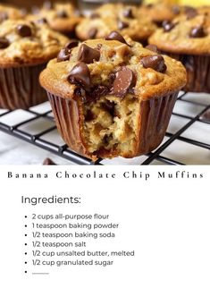 banana chocolate chip muffins on a cooling rack with instructions to make them gluing