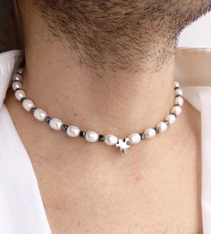 Mens pearl necklace,Real pearl beaded y2k choker,Gemstone hematite necklace,Boyfriend gift ideas,Puzzle pearl necklace men,Secret Santa gift by JewelryByElis on Etsy