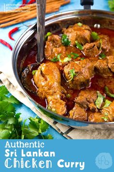 authentic sri lanka chicken curry recipe in a pan with chopsticks and cilantro