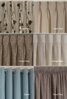 four different types of curtains with the names and colors in each window curtain, which are labeled