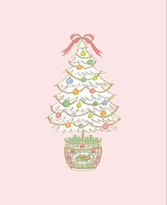 a white christmas tree in a pot on a pink background