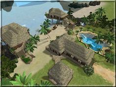 an artist's rendering of a tropical resort with palm trees and thatched huts