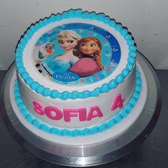 a frozen princess birthday cake with the name sofia on it and an image of disney characters