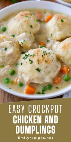 a white bowl filled with chicken and dumplings