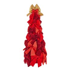 a christmas tree made out of red and gold ribbon with a bow on the top