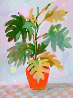 a painting of a potted plant on a checkered tablecloth with stars in the background