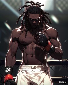 a man with dreadlocks standing in front of a cage holding a boxing glove