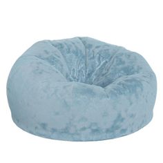 the blue bean bag chair is made from plush material and has a large, round cushion