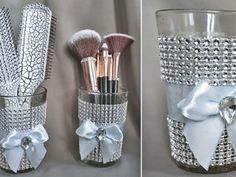 two pictures of brushes in a vase with bows on the side and an image of a brush holder