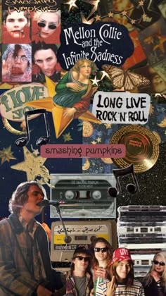 the collage is made up of many different pictures and words, including an old school radio