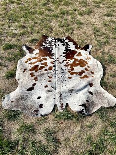 a brown and white spotted cow skin laying in the grass