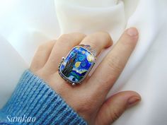 Van Gogh Starry Night Ringcloisonne Enamel Ringstarry Night - Etsy Van Gogh Jewelry, Vincent Van Gogh Starry Night, Ageing Gracefully, Cloisonne Enamel Jewelry, Van Gogh Painting, Artisan Rings, Starry Night Van Gogh, Cloisonne Enamel, Famous Art