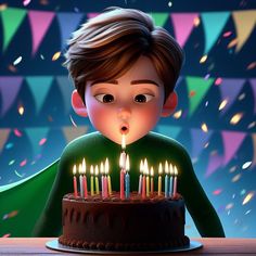 a young boy blowing out the candles on his birthday cake