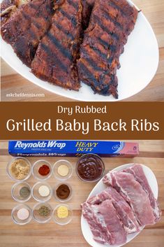 grilled baby back ribs on a white plate with spices and seasoning next to it