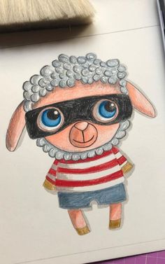 a drawing of a sheep with glasses on it's head and wearing a striped shirt